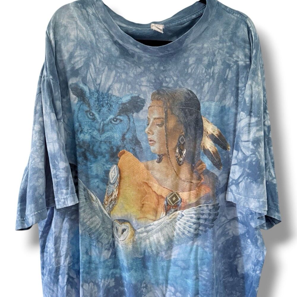 Vintage Tie Dye Native American Woman Owl Graphic Tee Shirt Top Cotton 2XL 3XL